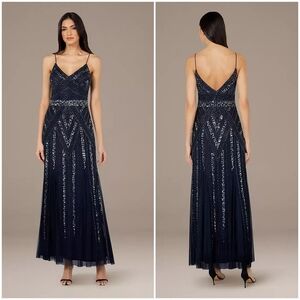 Jump Apparel Spaghetti Strap Long Navy Dress with Deco Beading
